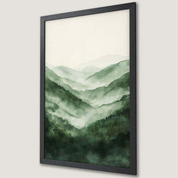 Framed Poster featuring a serene watercolor mountain landscape in shades of green. Perfect wall art for a calming space.