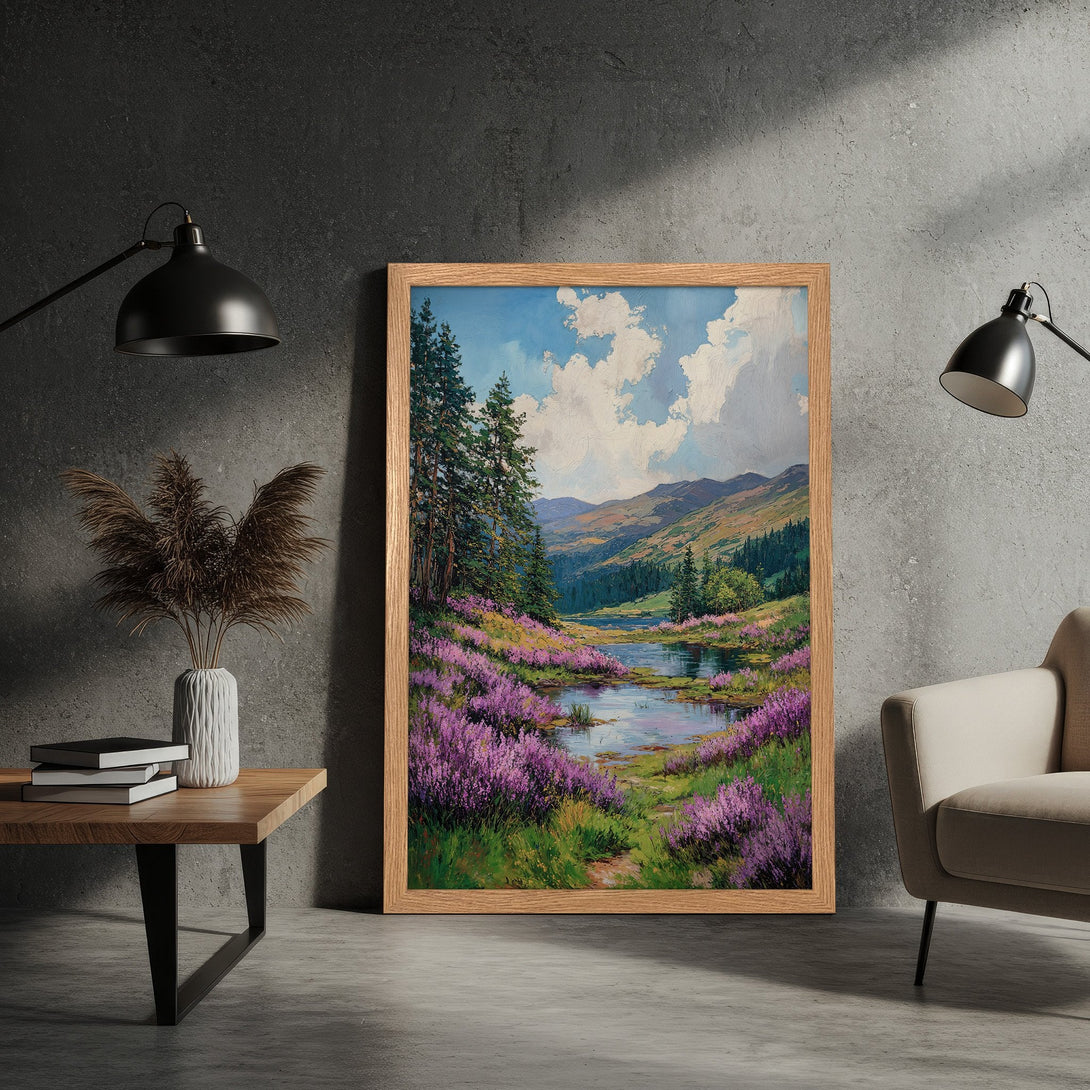 Framed Poster of a serene landscape painting with vibrant purple flowers, green trees, and a blue sky. Classic art style, warm color palette.