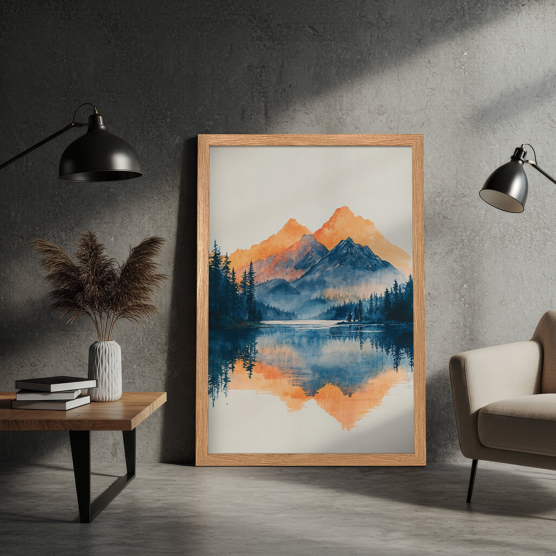 Framed Poster featuring a watercolor landscape of mountains and lake. Blue, orange, and white color palette. Perfect wall art for home decor.
