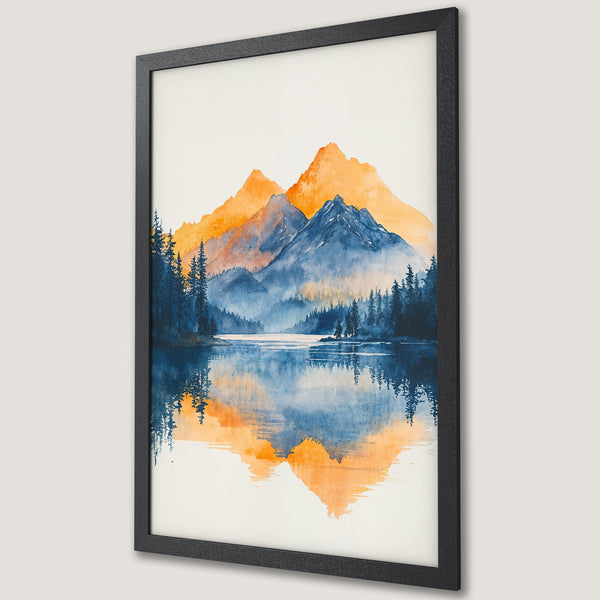 Framed Poster of watercolor mountain landscape in blue and orange. Add a touch of nature to your home decor!