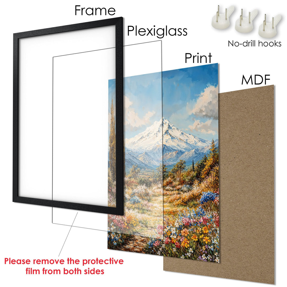Framed Poster: Mountain landscape art print with vibrant colors. Perfect wall decor for any room. Add a touch of nature to your home with this Poster.