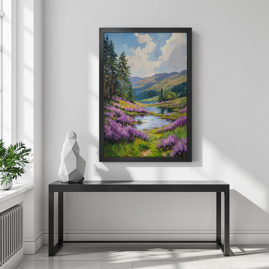 Framed Poster featuring a vibrant landscape painting with purple flowers, trees, and a river. Perfect wall art with a colorful palette.