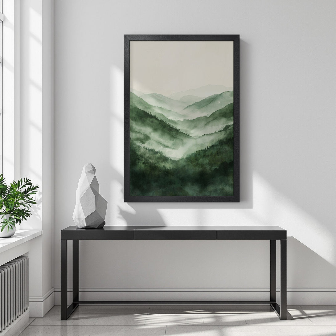 Framed Poster featuring a serene watercolor mountain landscape in shades of green. Perfect for adding a touch of nature to your home decor.
