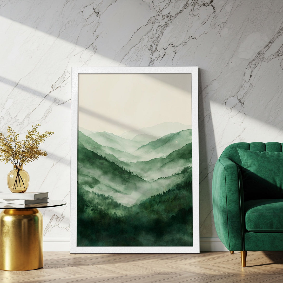 Framed Poster of misty mountain landscape in watercolor style with a green color palette. Perfect wall art for your home!