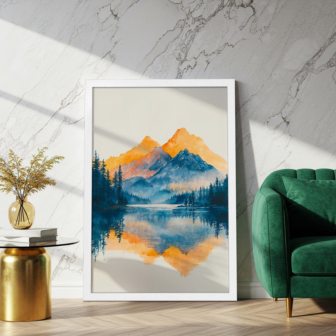 Framed Poster featuring a watercolor mountain landscape in blue and orange hues. Perfect art for your home decor!