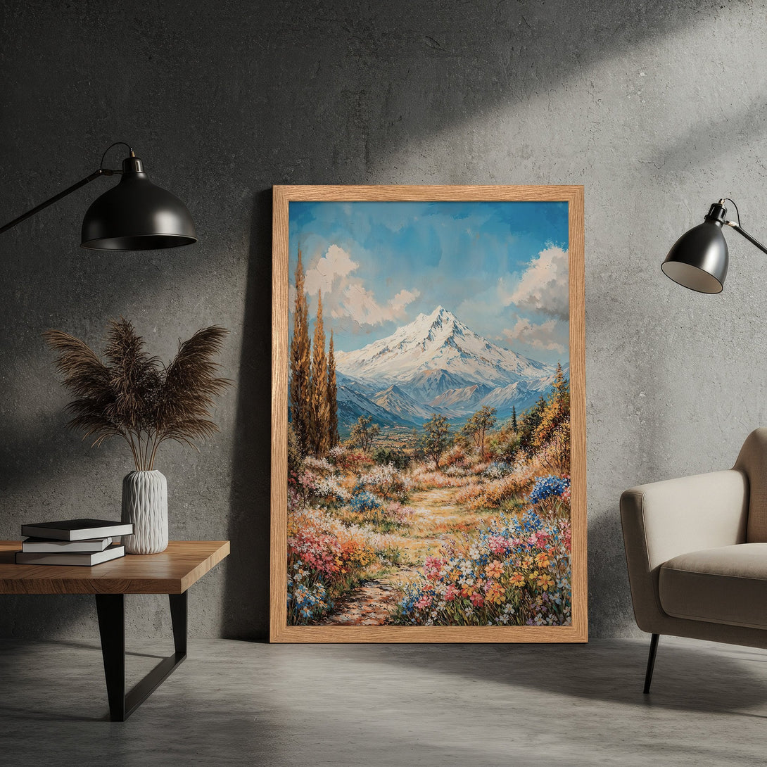 Framed Poster of a mountain landscape painting. Featuring vibrant colors and a natural, impressionistic style. Perfect wall art for any home.