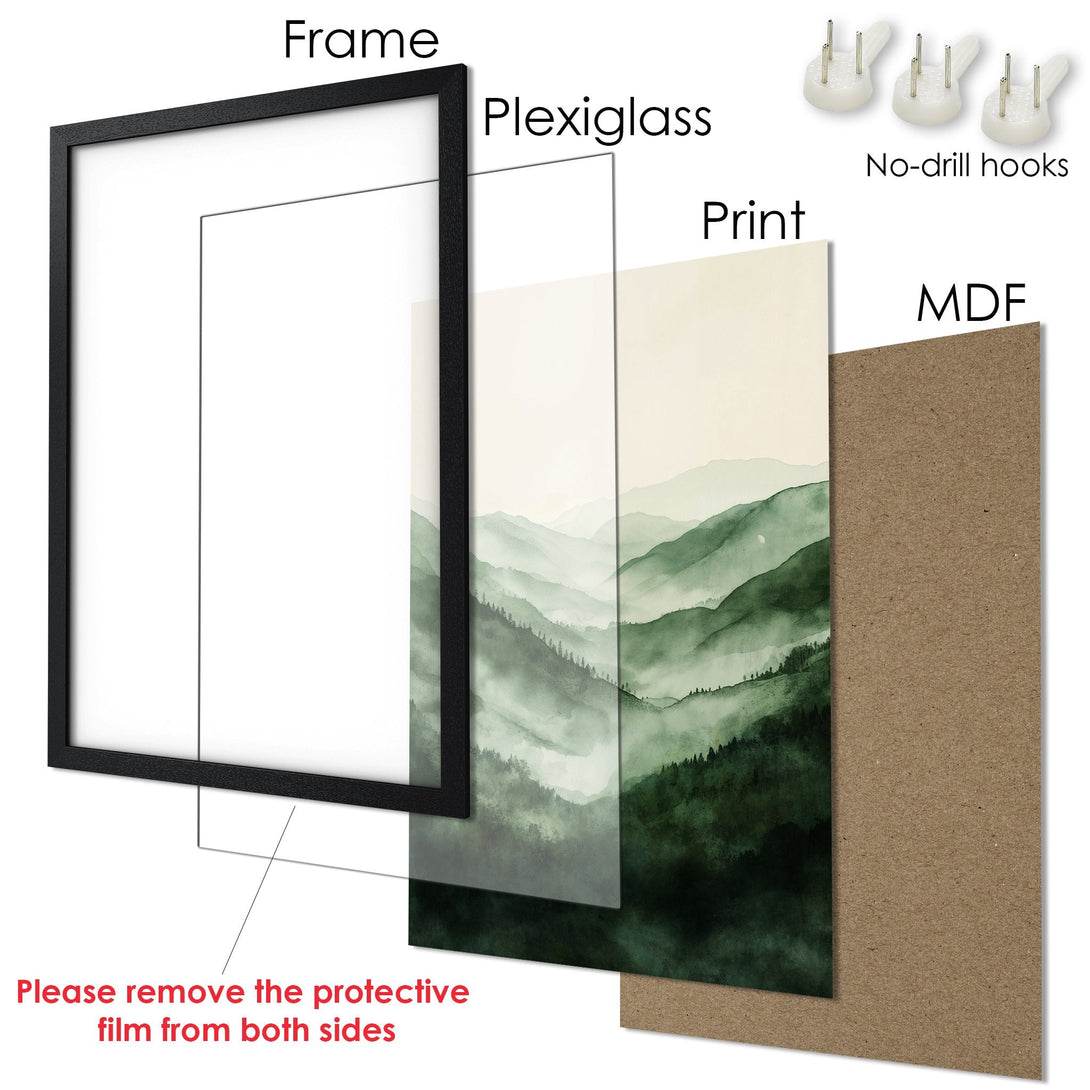 Framed Poster featuring a serene mountain landscape in green tones. Modern art print, ready to hang!