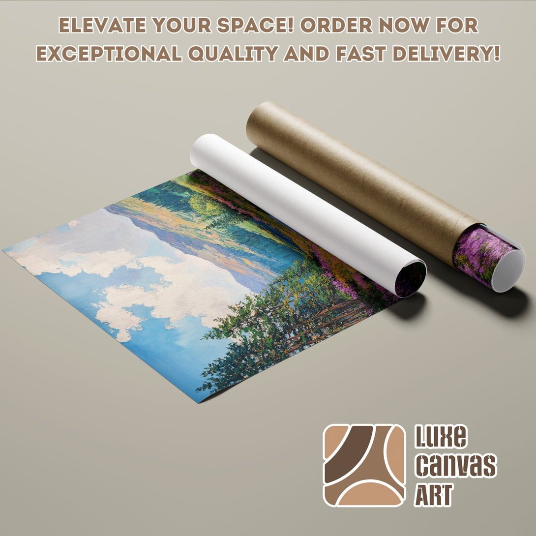Poster Roll featuring a landscape painting in impressionist style with a blue, green, and purple color palette. Order yours today!