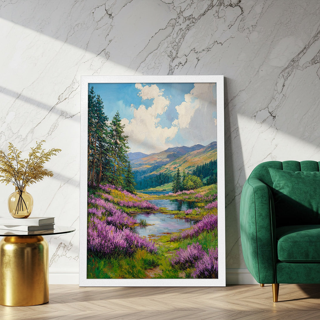 Framed Poster of a scenic landscape painting with a vibrant color palette of greens, blues, and purples. Perfect wall art for any room.