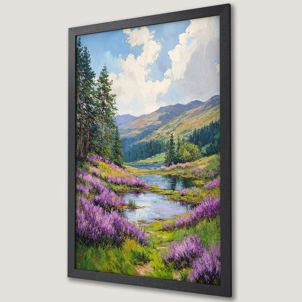 Framed Poster of a serene mountain landscape painting with vibrant purple flowers, green trees, and a blue sky. A beautiful art print.