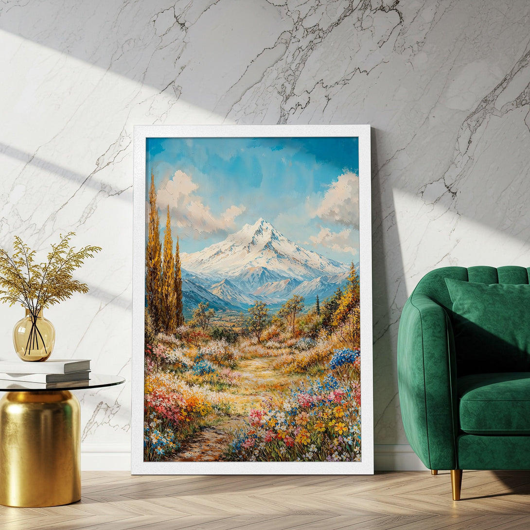 Framed Poster of a mountain landscape painting in a vibrant, impressionistic style with a colorful palette. Perfect wall art!