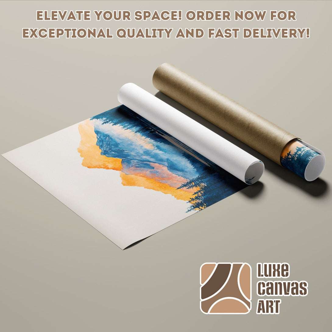 Abstract landscape Poster Roll art print in blue, orange, and white watercolor style. Elevate your space!