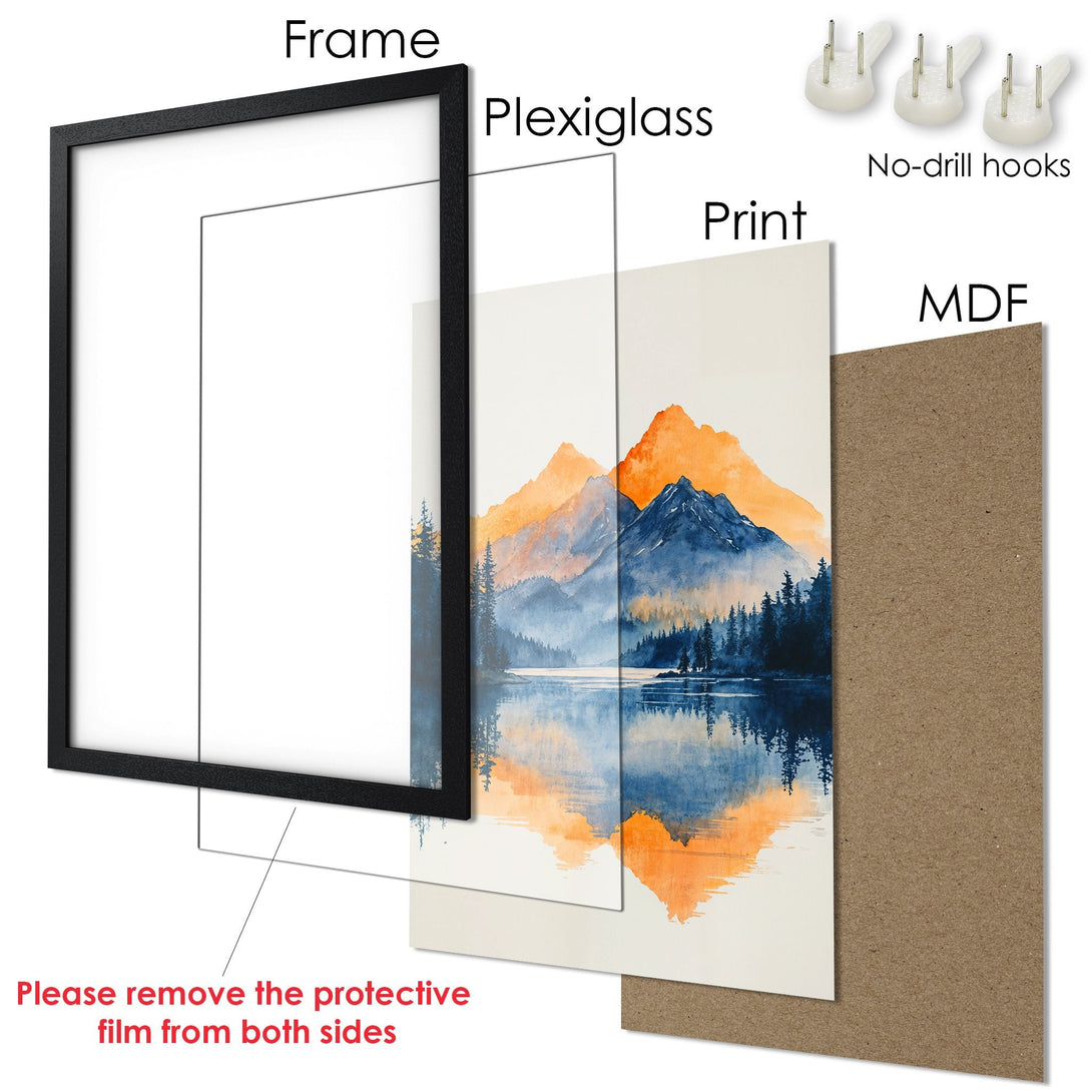 Framed Poster featuring a watercolor landscape of mountains and a lake. Blue and orange hues. Ready to hang!