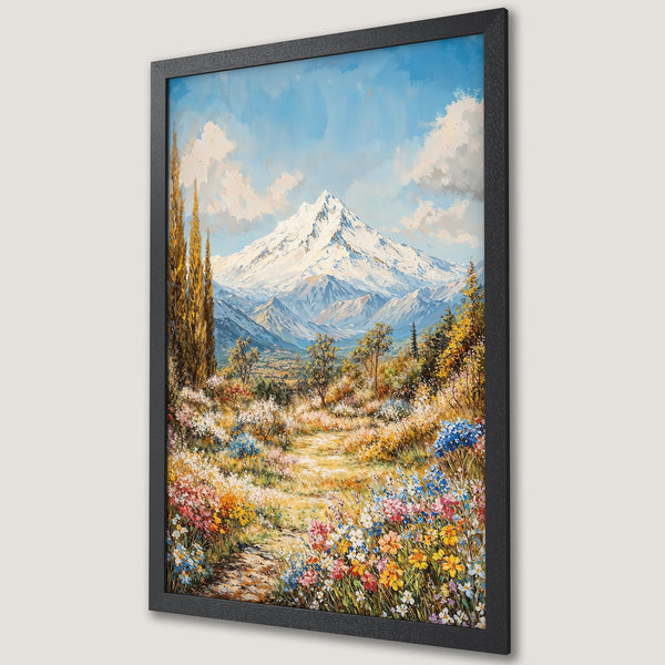 Framed Poster of a mountain landscape painting, vibrant colors, impressionist style. Perfect wall art to brighten any room.