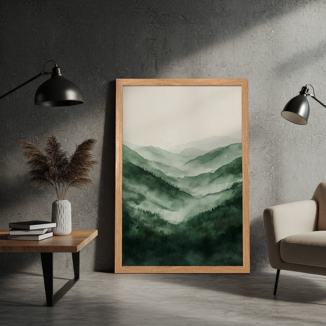 Framed Poster featuring a serene mountain landscape in watercolor style. Green and white color palette. Perfect wall art for a calming space.