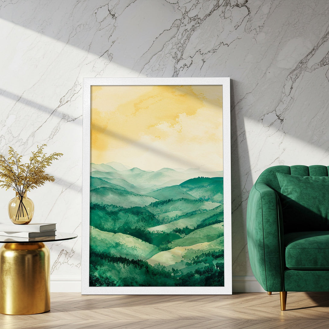 Framed Poster of watercolor mountain landscape in green and yellow hues. Perfect wall art for a serene home.