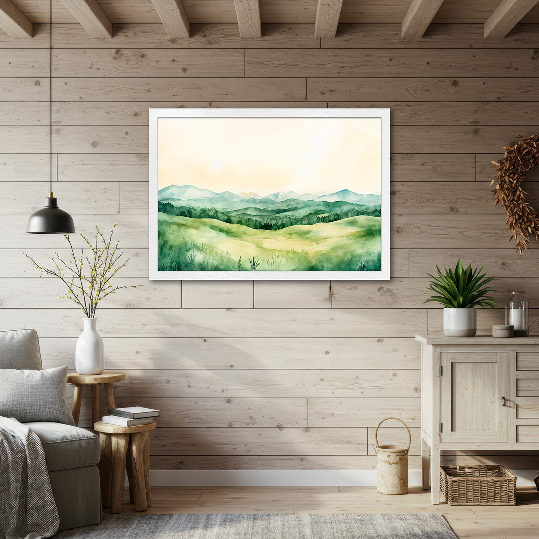 Framed Poster featuring a watercolor landscape of green hills and mountains. Earthy tones and serene style for home decor.