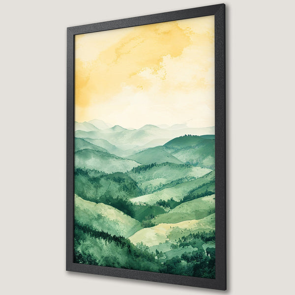 Framed Poster featuring a watercolor landscape of rolling green hills with a yellow sky. Perfect wall art for any space!