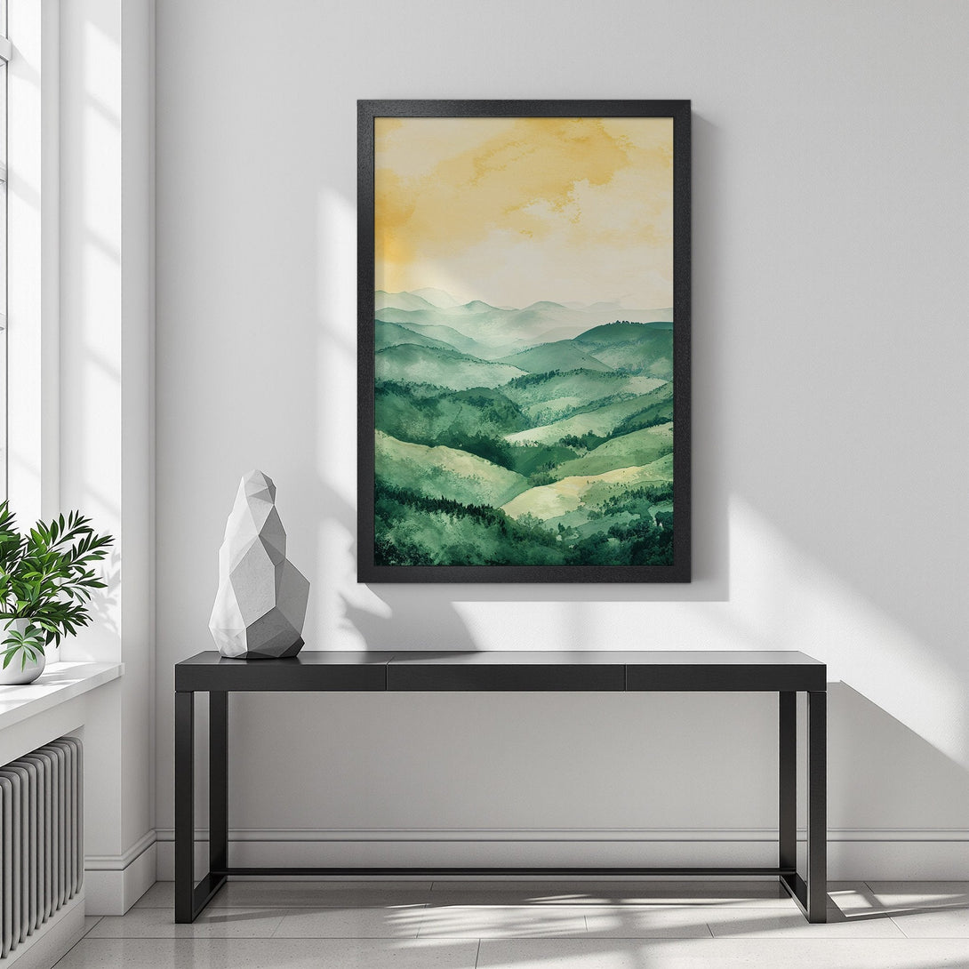 Framed Poster featuring a watercolor landscape of green hills and a yellow sky. Perfect wall art for a calming, natural aesthetic.