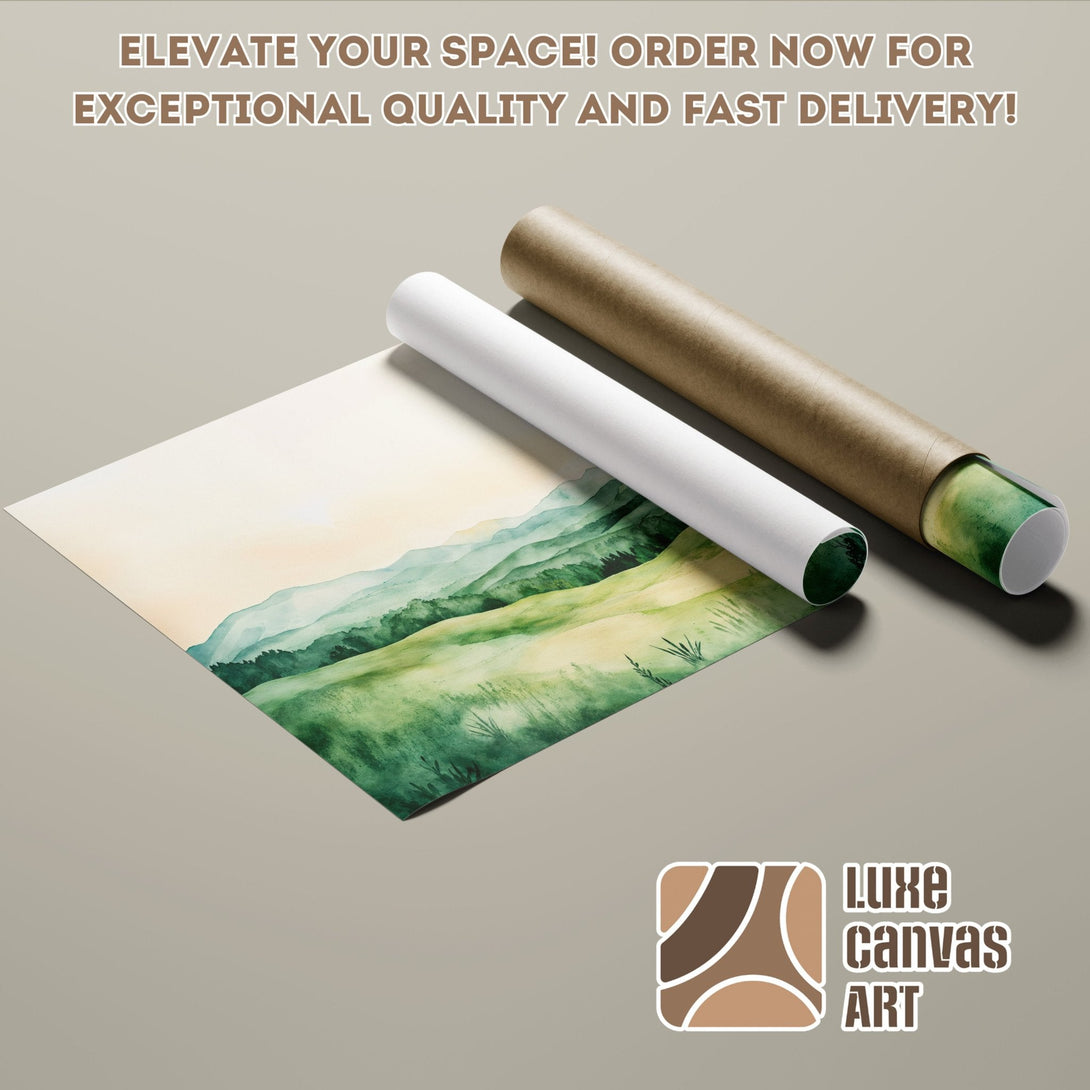 Watercolor landscape Poster Roll, featuring green and yellow hues. Elevate your space with art!