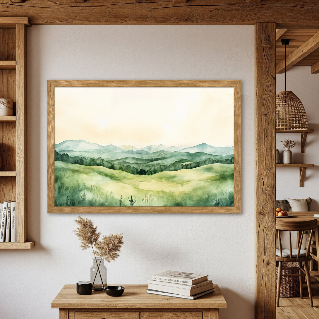 Framed Poster of watercolor landscape art in green and yellow tones, perfect for home decor.