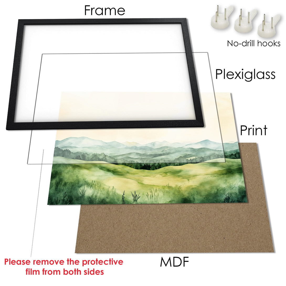 Framed Poster of a watercolor landscape. Features green and yellow hues, perfect for adding nature-inspired art to your home.