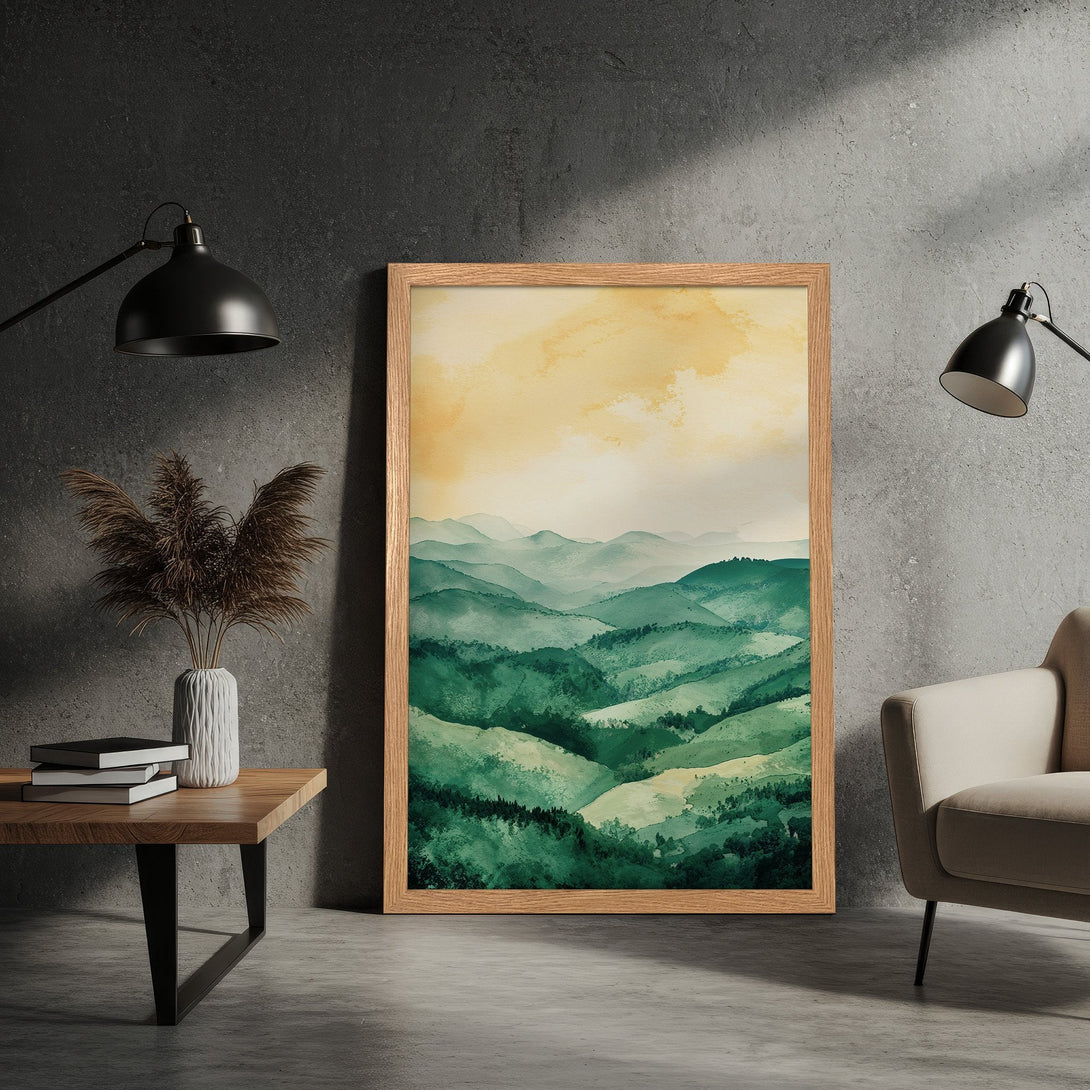 Framed Poster of watercolor mountain landscape in green and yellow hues. Add a touch of nature to your home decor!