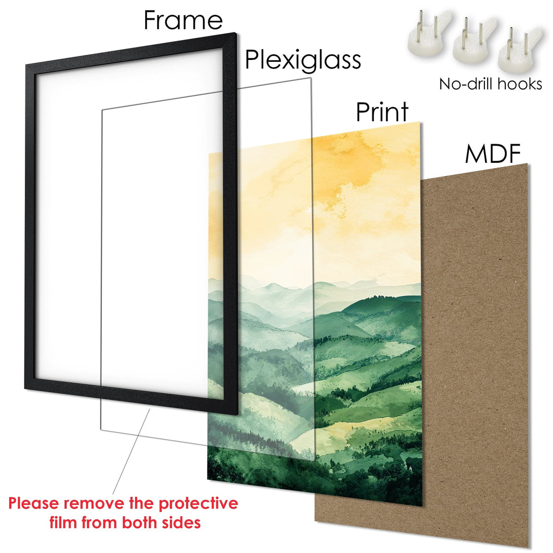 Framed Poster featuring a watercolor landscape in green and yellow tones. Perfect wall art for your home!