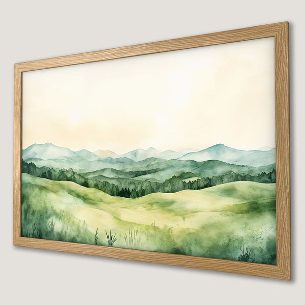 Framed Poster featuring a watercolor landscape of rolling hills and mountains in a calming green and yellow palette. Perfect wall art!