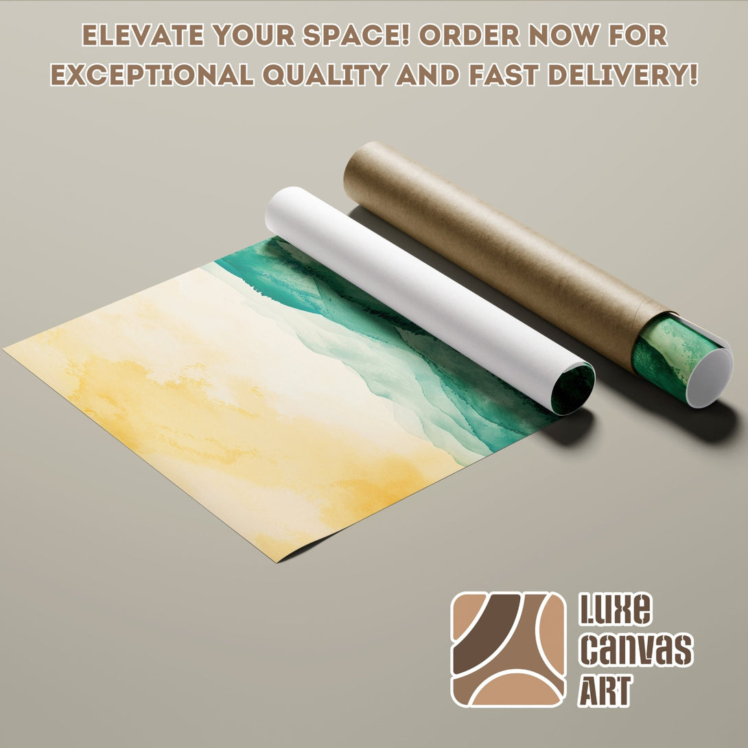 Poster Roll featuring abstract watercolor art in teal and yellow hues, perfect for modern decor.