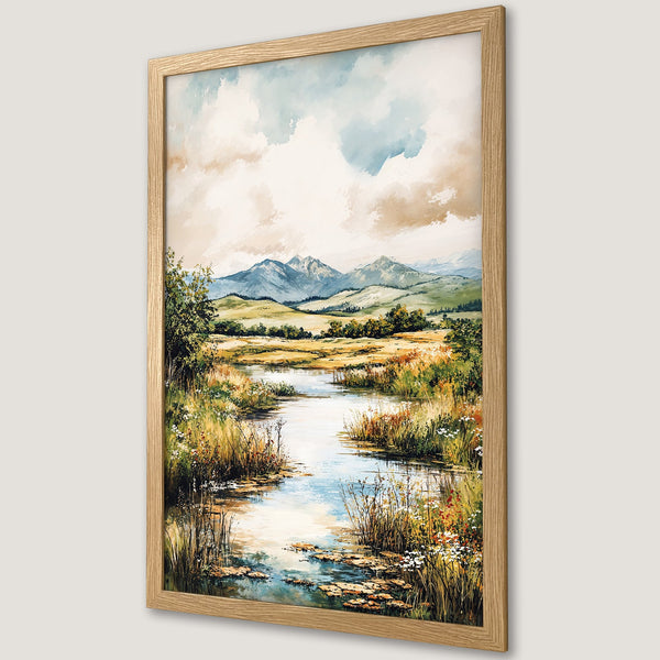 Framed Poster of a serene landscape painting with a river, mountains, and a warm color palette. Perfect wall art!
