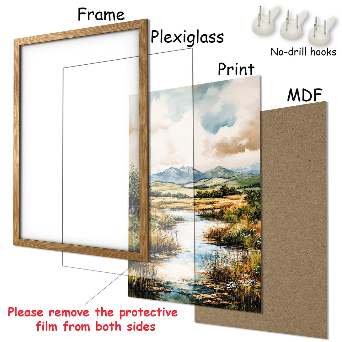 Framed Poster featuring a serene landscape painting in watercolor style with a calming blue, green, and brown color palette. Ready to hang!