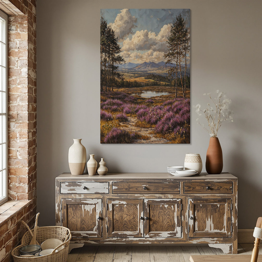 Framed Wall Art: Landscape Canvas Print with vibrant purple wildflowers, trees, and mountains. Earthy tones and a touch of blue create a calming aesthetic.