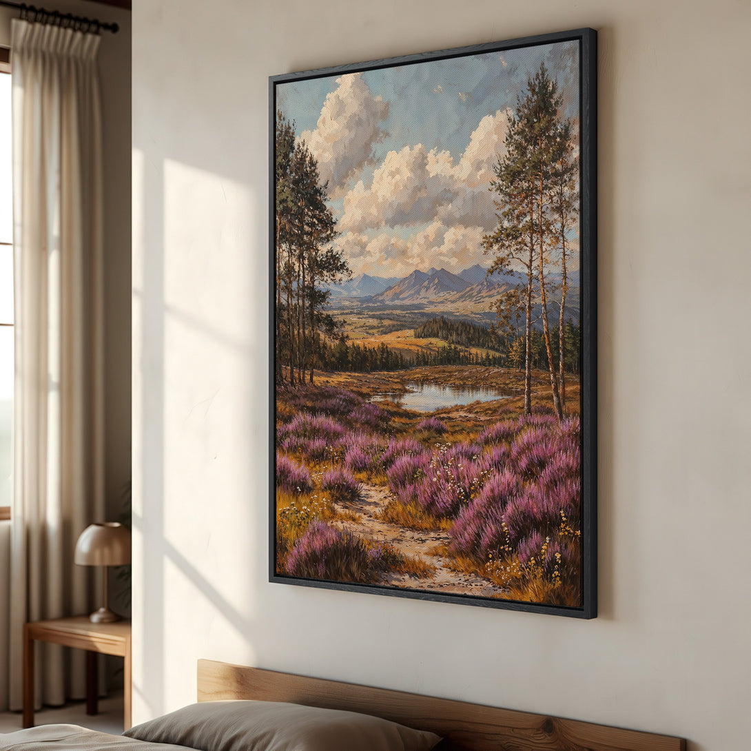 Framed Wall Art: Landscape Canvas Print with vibrant purples, greens, and blues. Rustic style painting of a mountain vista, perfect for home decor.