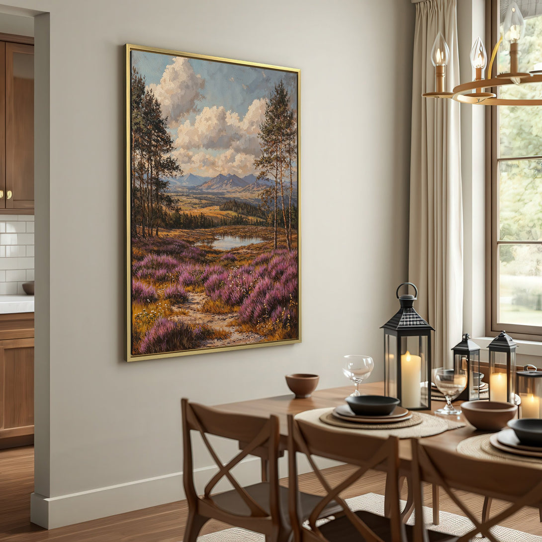Canvas Print of a landscape painting with purple flowers, trees, and mountains. Earthy tones create a warm, inviting feel.