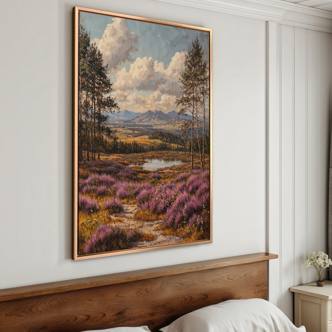 Framed Wall Art: Landscape painting with purple flowers and mountains. Warm color palette, traditional style, perfect for home decor.