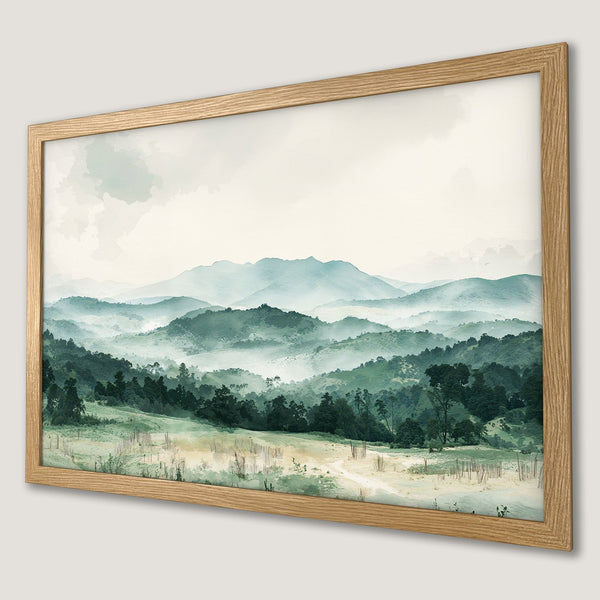 Framed Poster featuring a serene mountain landscape in watercolor style with a calming green and blue color palette. Perfect wall art!