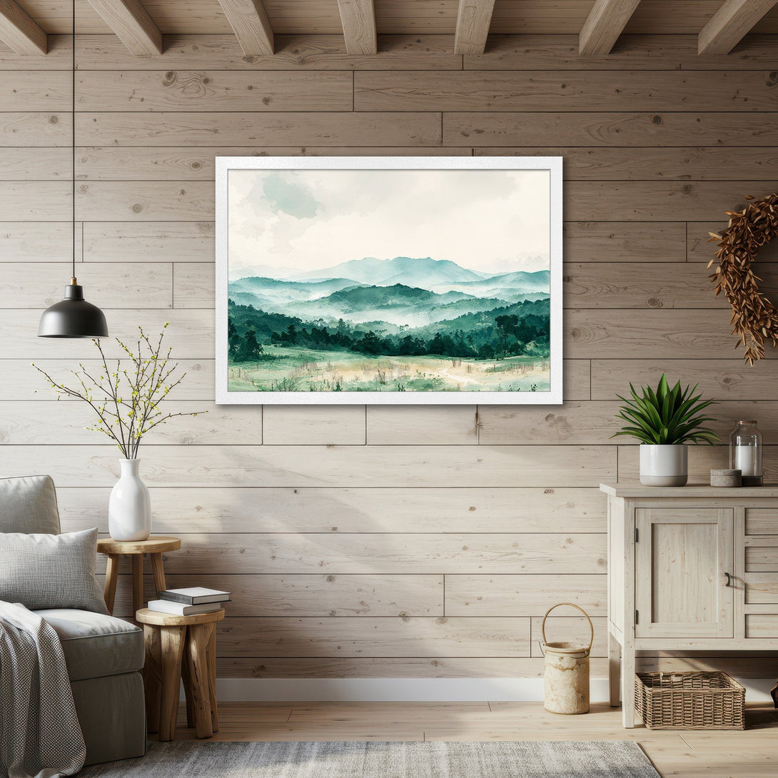 Framed Poster featuring a watercolor landscape in calming green and blue tones. Perfect wall art for a serene home.