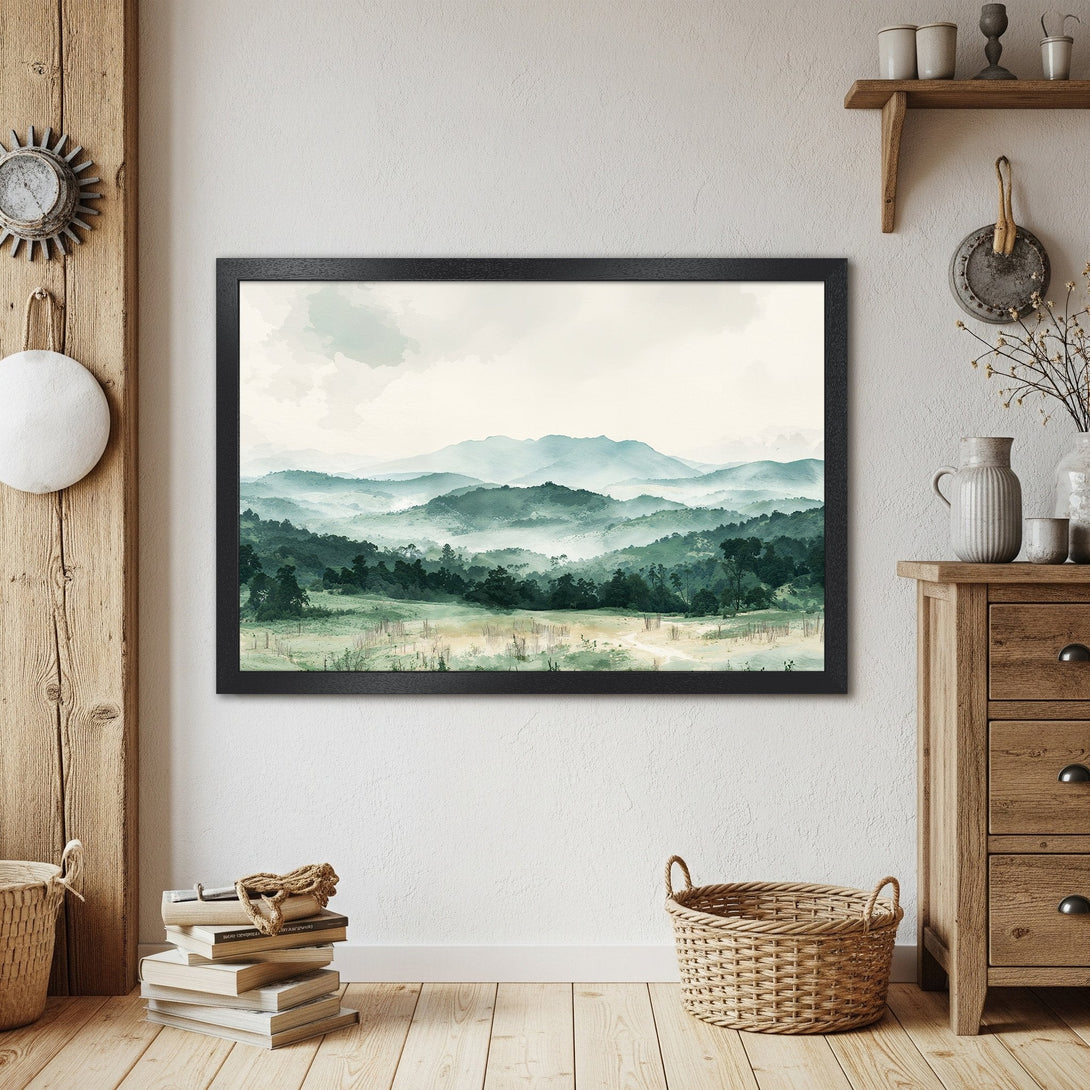 Framed Poster of serene mountain landscape in watercolor style, featuring a calming green and blue color palette. Perfect wall art!