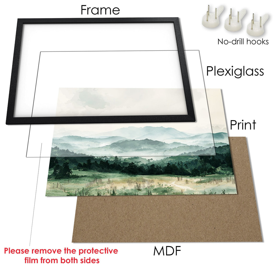 Framed Poster of a serene landscape in watercolor style. Features a calming green and blue color palette, perfect for home decor.