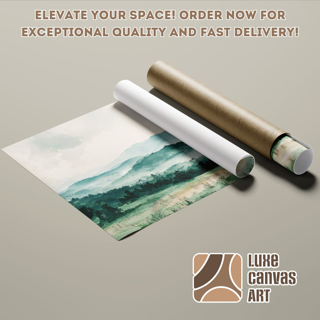 Poster Roll with watercolor mountain landscape art in green and blue tones. Elevate your space!