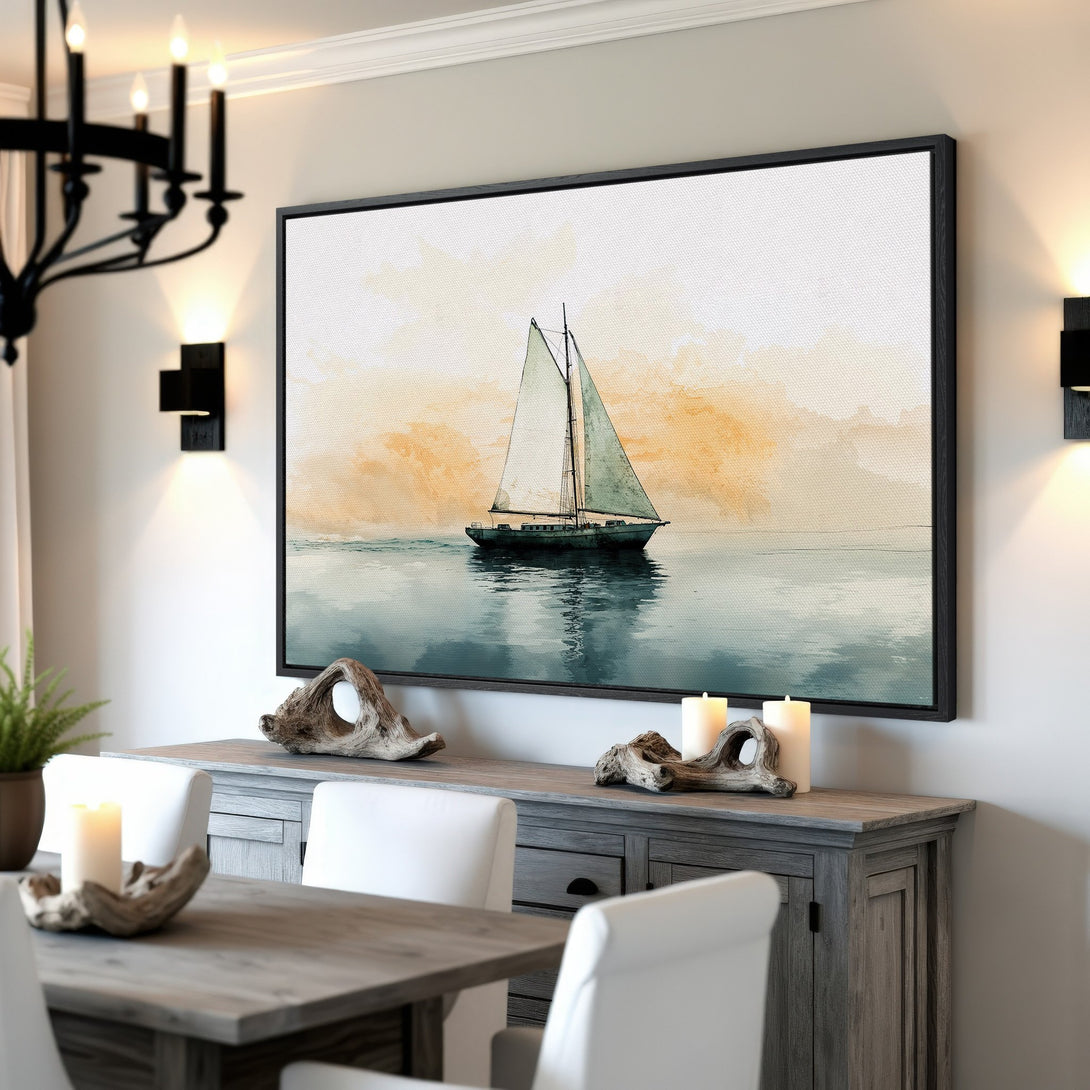 Framed Wall Art: Watercolor sailboat print in muted blue & gold tones. Coastal art for a serene living room or dining space.