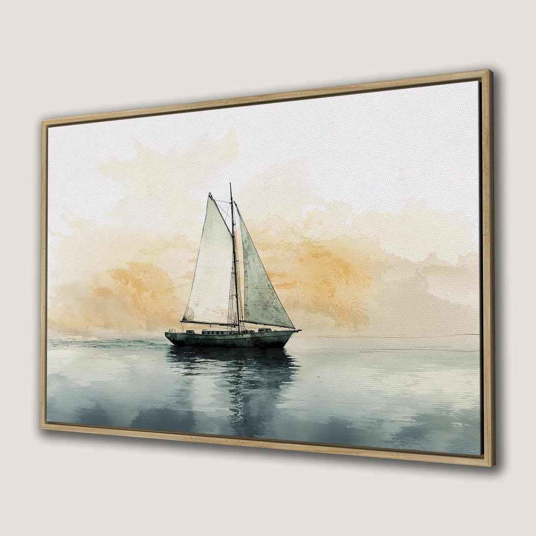 Framed Wall Art: Watercolor sailboat print in serene blues and golds. Coastal decor for a calming space. Add nautical charm with this Canvas Print.
