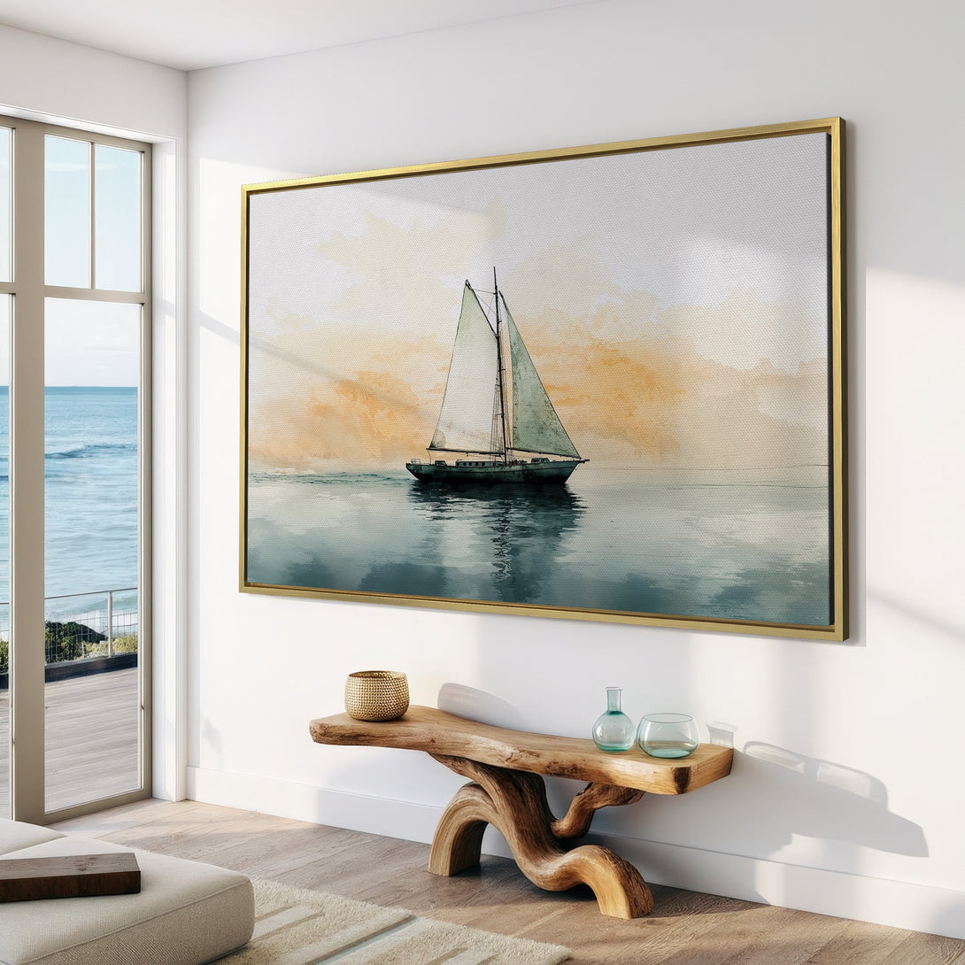 Canvas Print of a sailboat on the sea, watercolor style. Serene coastal art in neutral tones of blue, beige, and gray. Perfect for modern home decor.