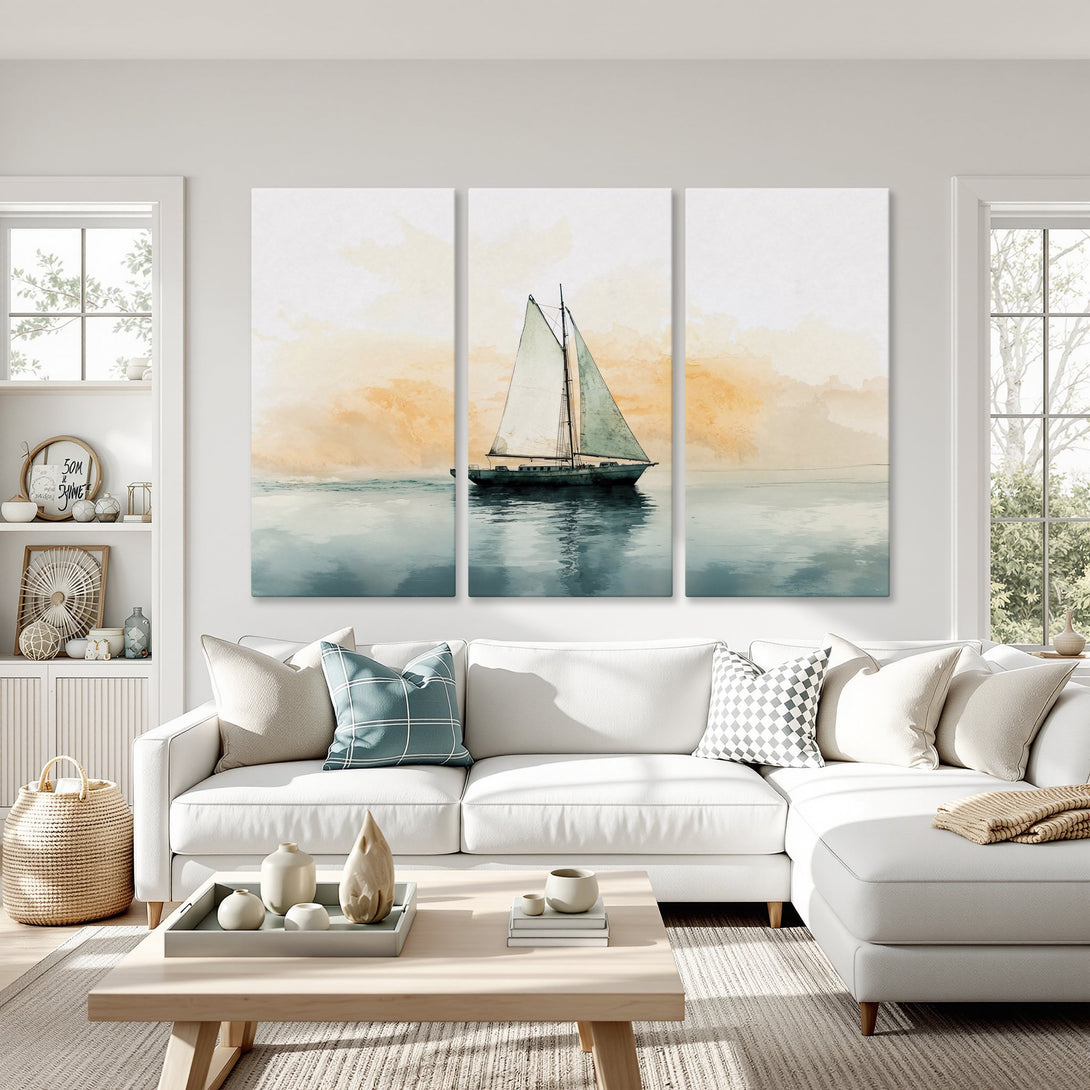 Canvas Print of a sailboat in watercolor style, featuring a serene blue and yellow color palette. Perfect for coastal decor!