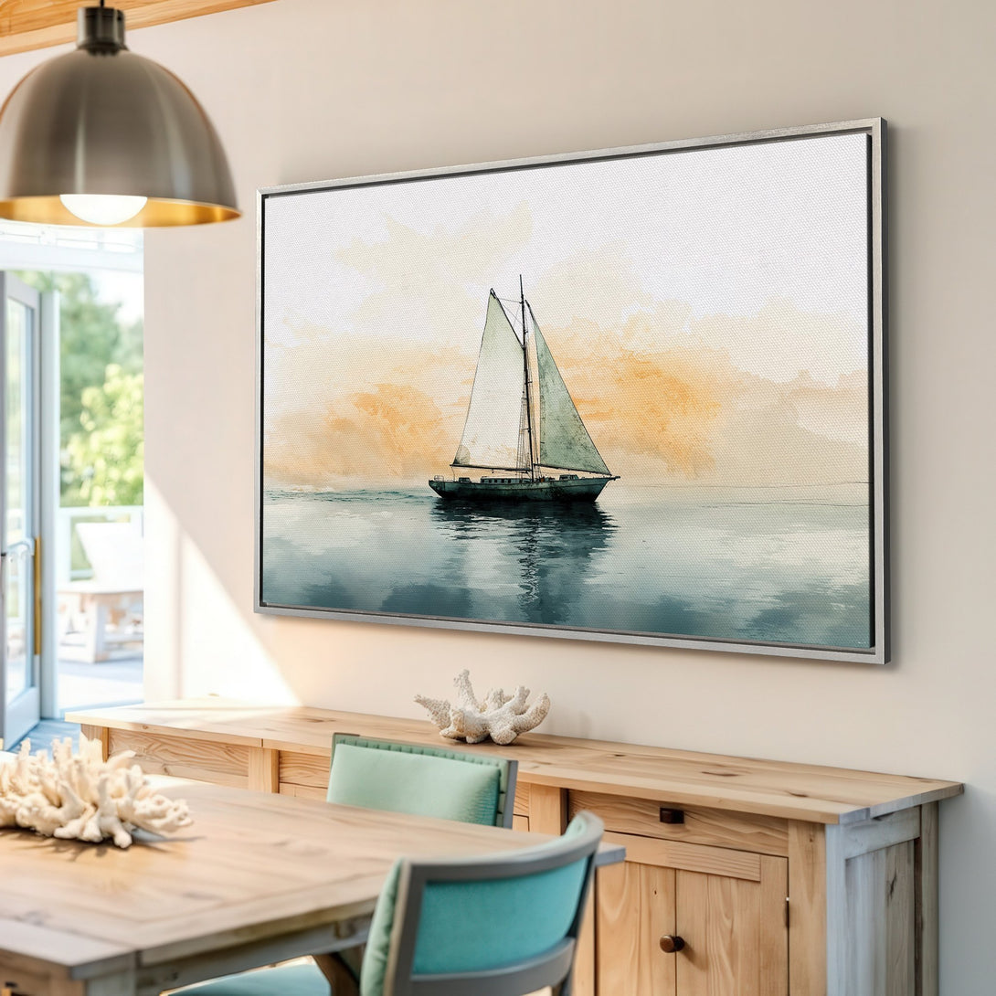 Framed Wall Art: Watercolor sailboat print in coastal style. Soft blues, greens, and golds create a serene atmosphere. Perfect wall decor for a calming space.