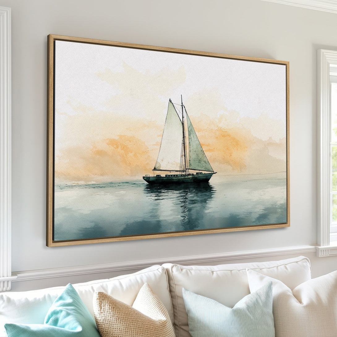 Canvas Print of a sailboat on water, watercolor style, warm sunset colors. Coastal wall art for a serene home.