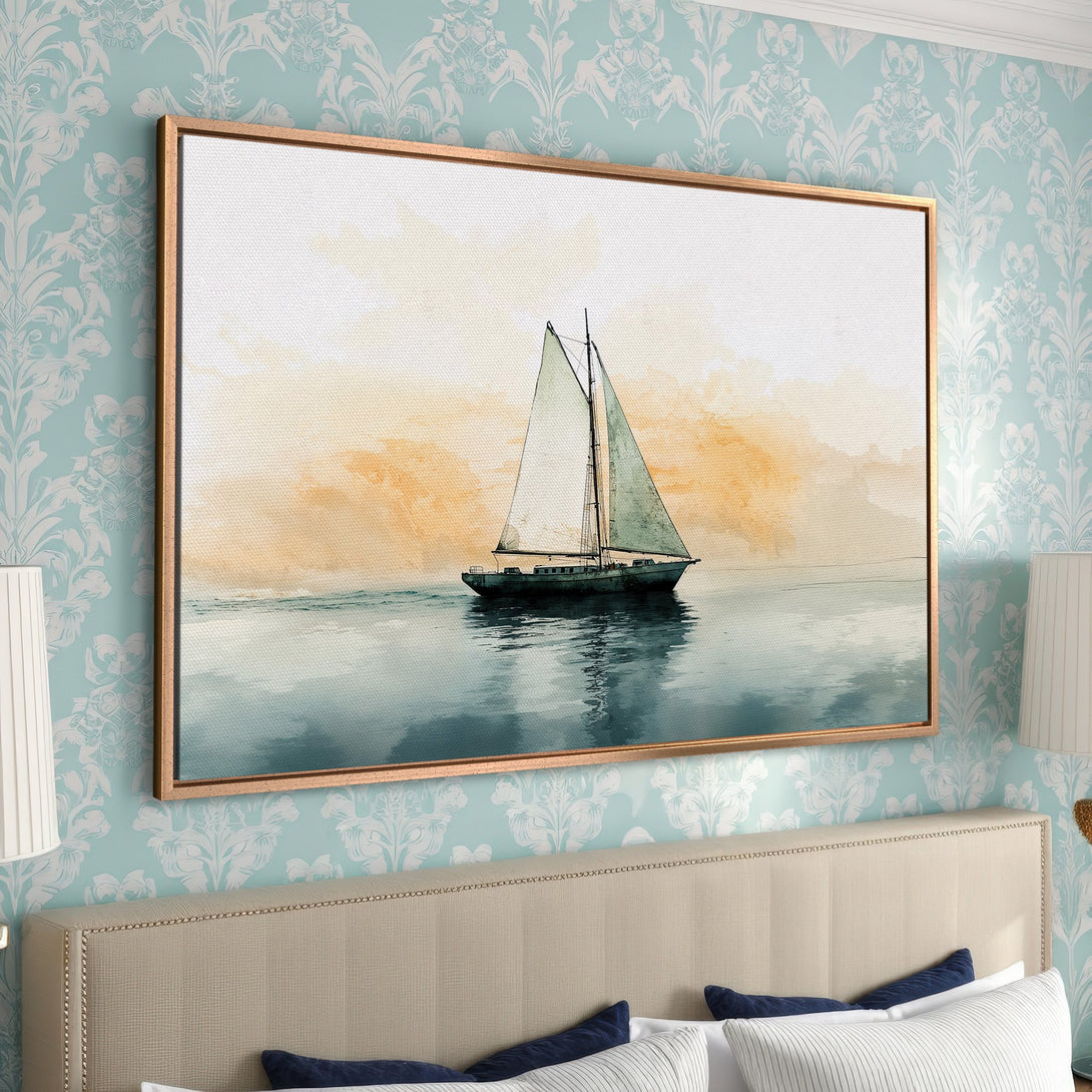 Framed Wall Art: Watercolor sailboat art in calming blues and golds. Perfect coastal decor for your bedroom. Shop now!