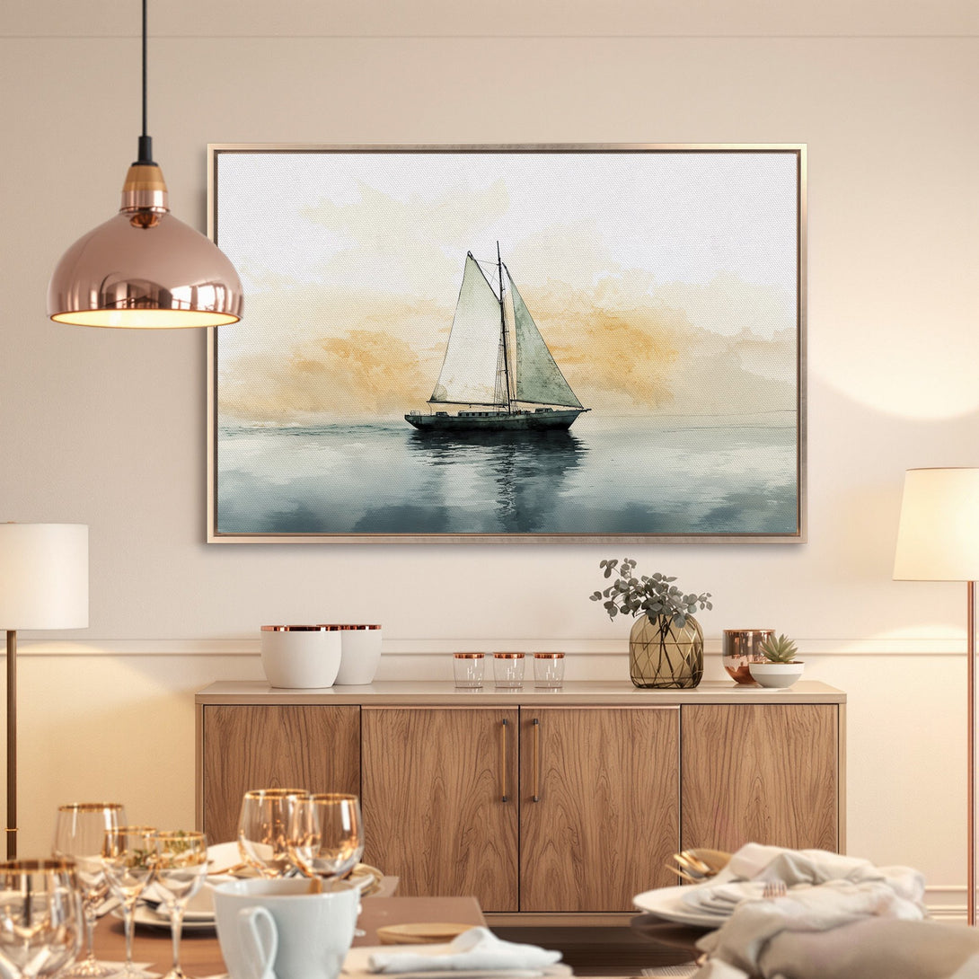 Framed Wall Art: Watercolor sailboat print in a serene, neutral color palette. Perfect for coastal decor. Shop Canvas Prints today!