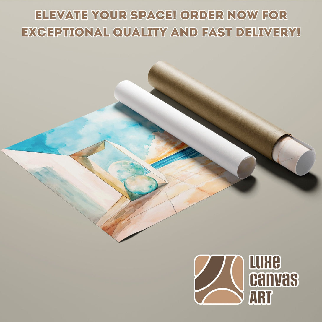 Watercolor Poster Roll with coastal scene in blue, beige, and orange hues.